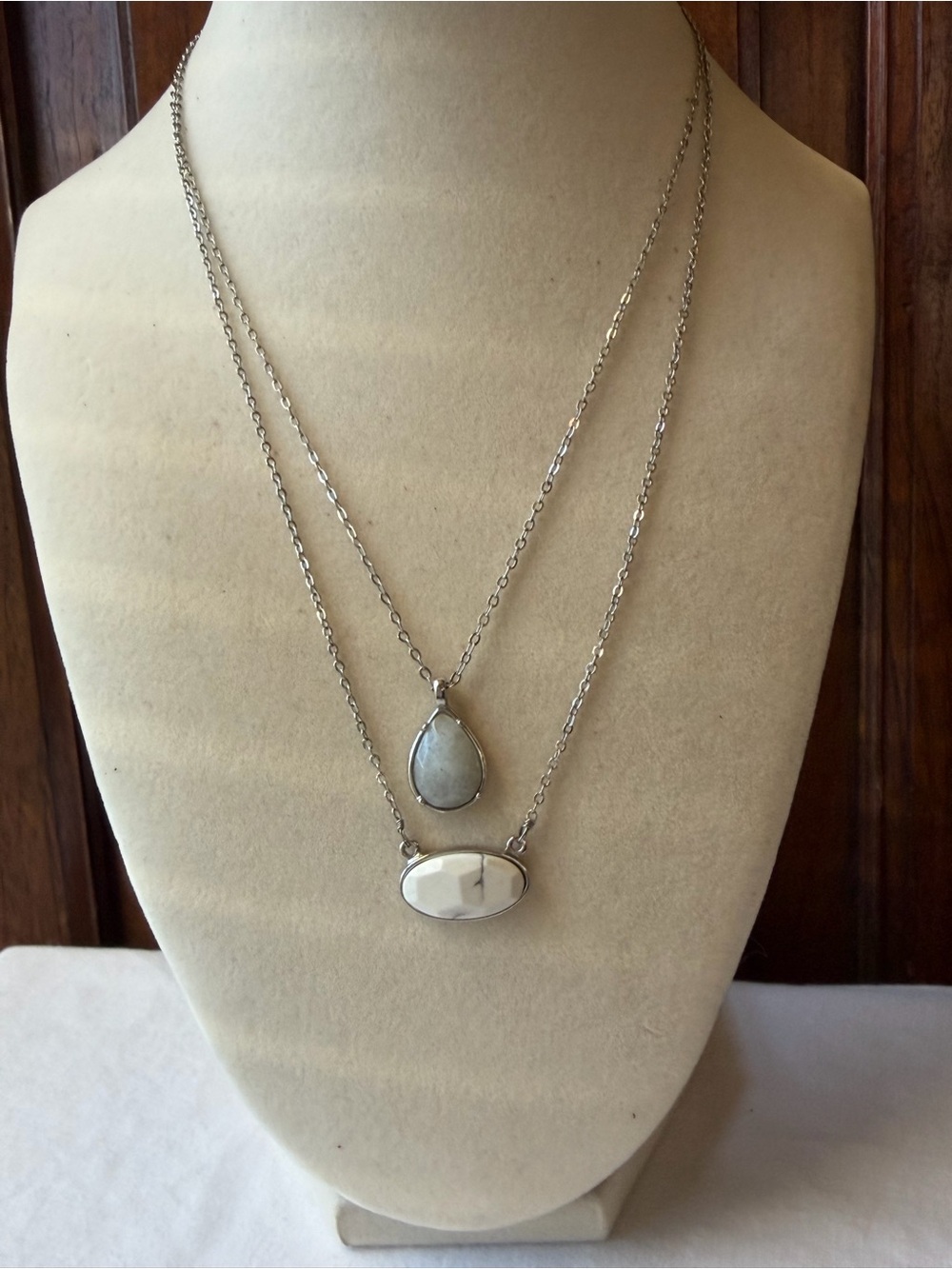 LOFT Layered White Stone Pendant Necklace Silver Tone Howlite Look